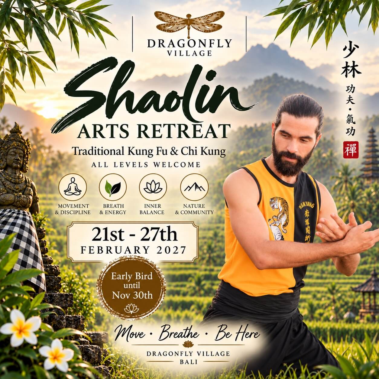 Poster: Shaolin Arts Retreat, Traditional Kung Fu and Chi Kung, 21st-27th February 2027, Dragonfly Village Bali